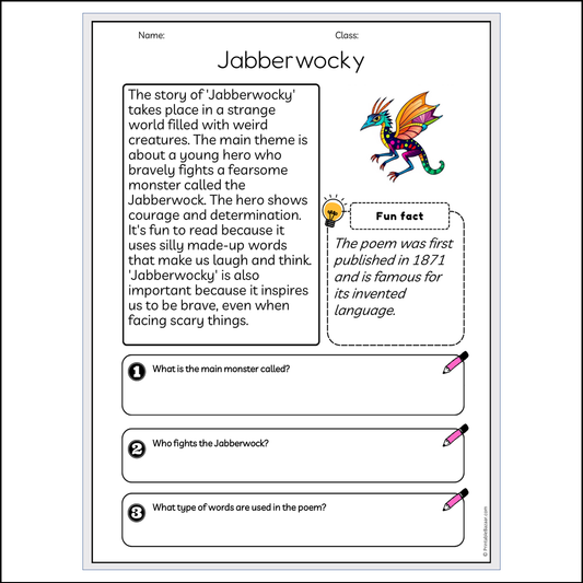 Jabberwocky | Reading Passage Comprehension Questions Writing Facts Worksheet