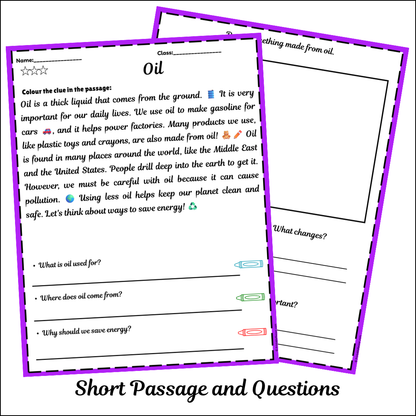 Oil | Short Reading Comprehension Creative Worksheet