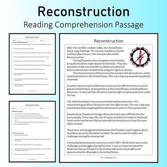 Reconstruction | Reading Comprehension Passage Printable Worksheet