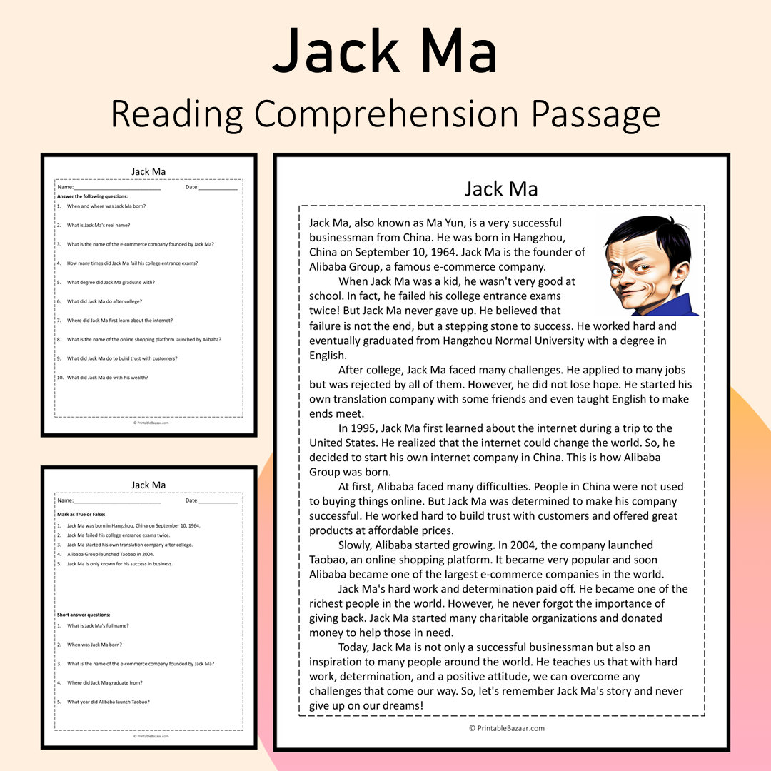 Jack Ma | Reading Comprehension Passage Printable Activity