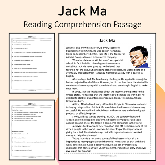 Jack Ma | Reading Comprehension Passage Printable Activity
