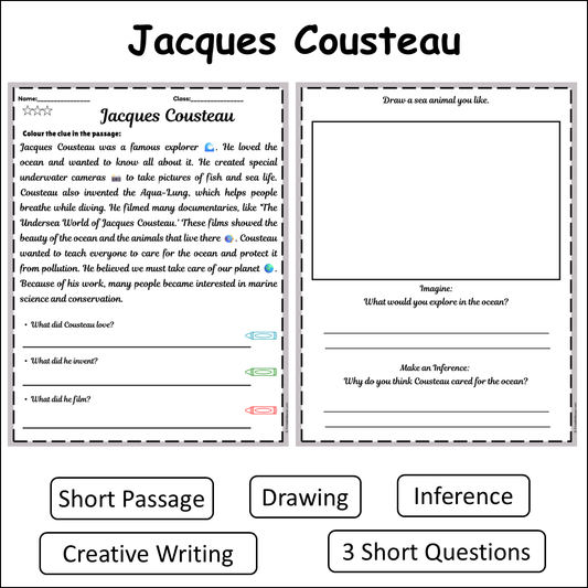 Jacques Cousteau | Short Reading Comprehension Creative Worksheet