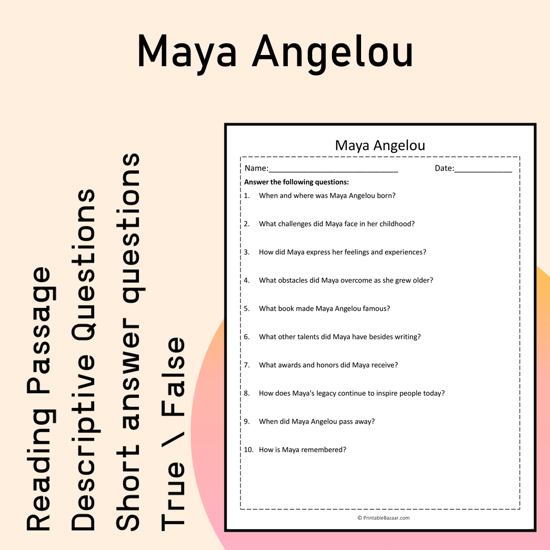 Maya Angelou | Reading Comprehension Passage Printable Activity