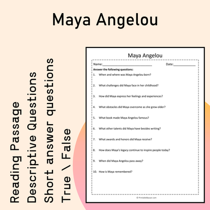 Maya Angelou | Reading Comprehension Passage Printable Activity