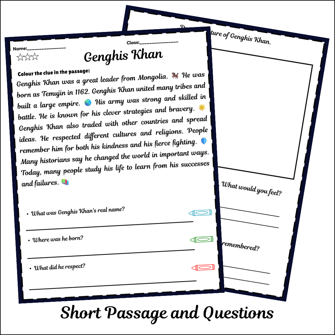 Genghis Khan | Short Reading Comprehension Creative Worksheet