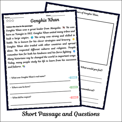Genghis Khan | Short Reading Comprehension Creative Worksheet