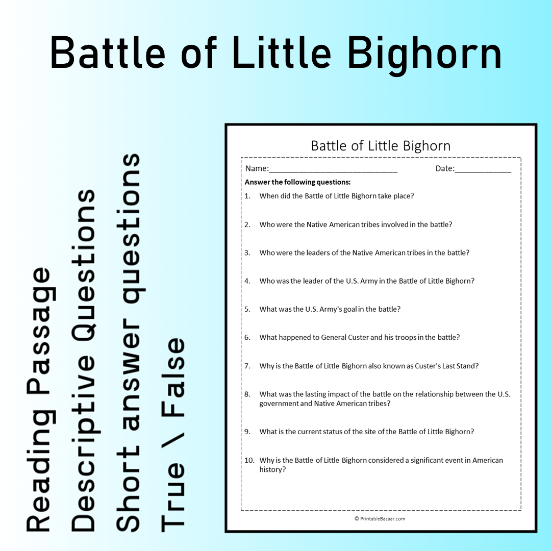 Battle of Little Bighorn | Reading Comprehension Passage Printable Worksheet