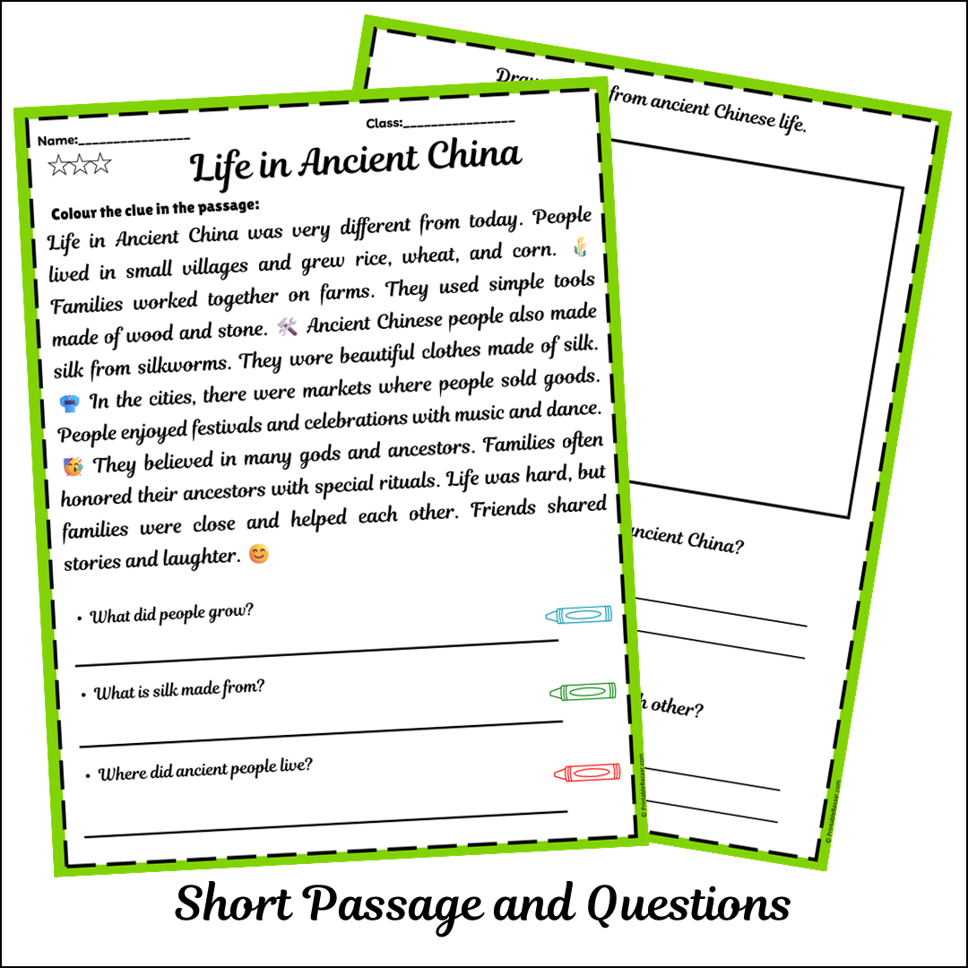 Life in Ancient China | Short Reading Comprehension Creative Worksheet