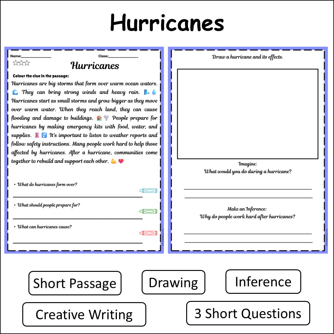Hurricanes | Short Reading Comprehension Creative Worksheet