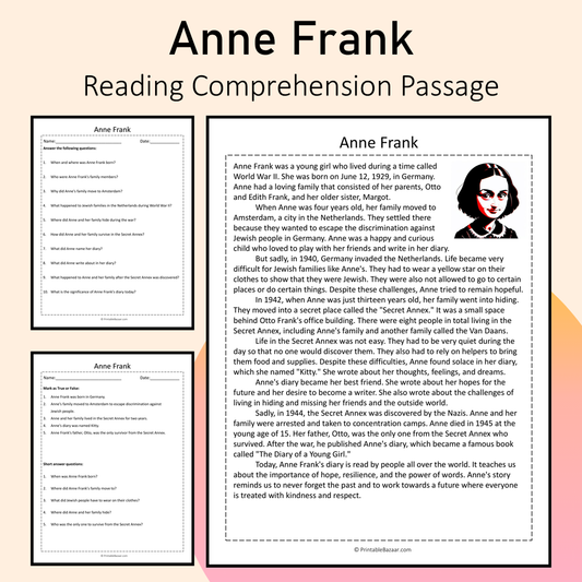 Anne Frank | Reading Comprehension Passage Printable Activity