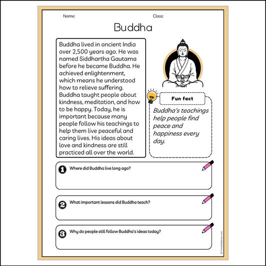 Buddha | Reading Passage Comprehension Questions Writing Facts Worksheet