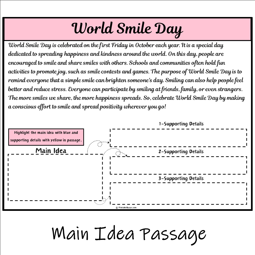 World Smile Day | Main Idea and Supporting Details Reading Passage and Questions