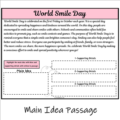 World Smile Day | Main Idea and Supporting Details Reading Passage and Questions