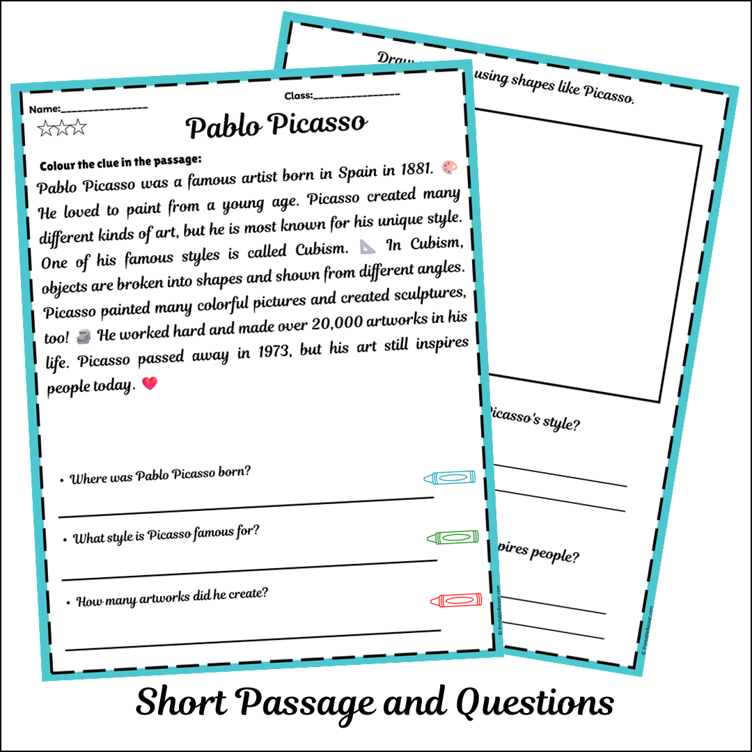 Pablo Picasso | Short Reading Comprehension Creative Worksheet