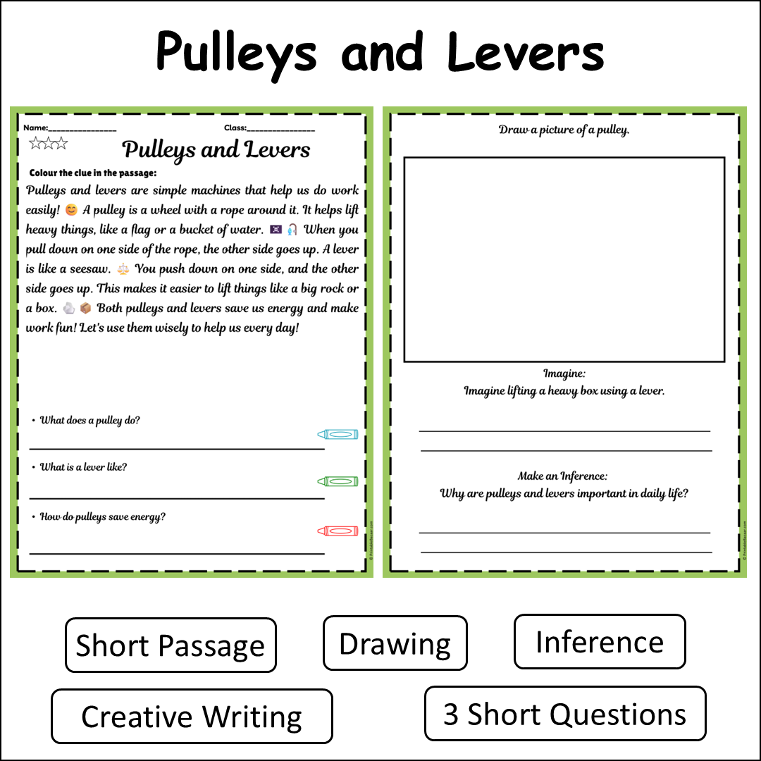 Pulleys and Levers | Short Reading Comprehension Creative Worksheet