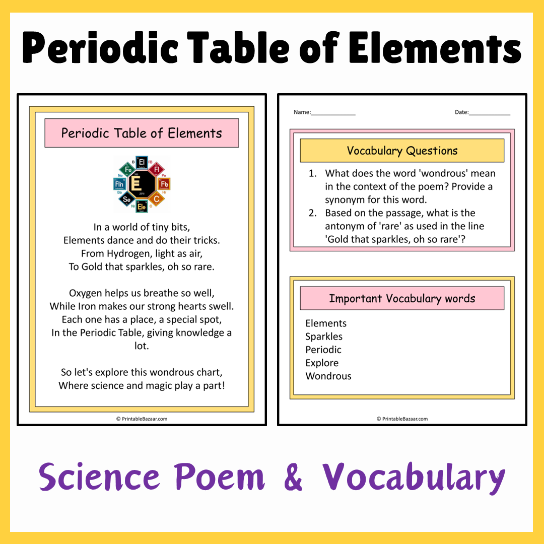 Periodic Table of Elements | Science Poem Reading Comprehension Activity
