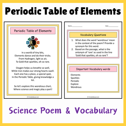 Periodic Table of Elements | Science Poem Reading Comprehension Activity