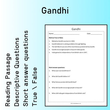 Gandhi | Reading Comprehension Passage Printable Worksheet