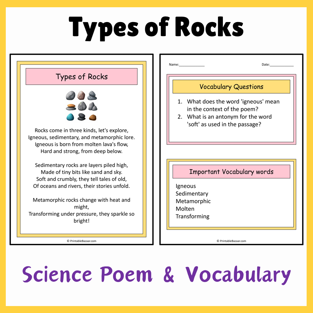 Types of Rocks | Science Poem Reading Comprehension Activity