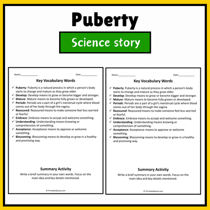 Puberty | Science Story Reading Comprehension Activity