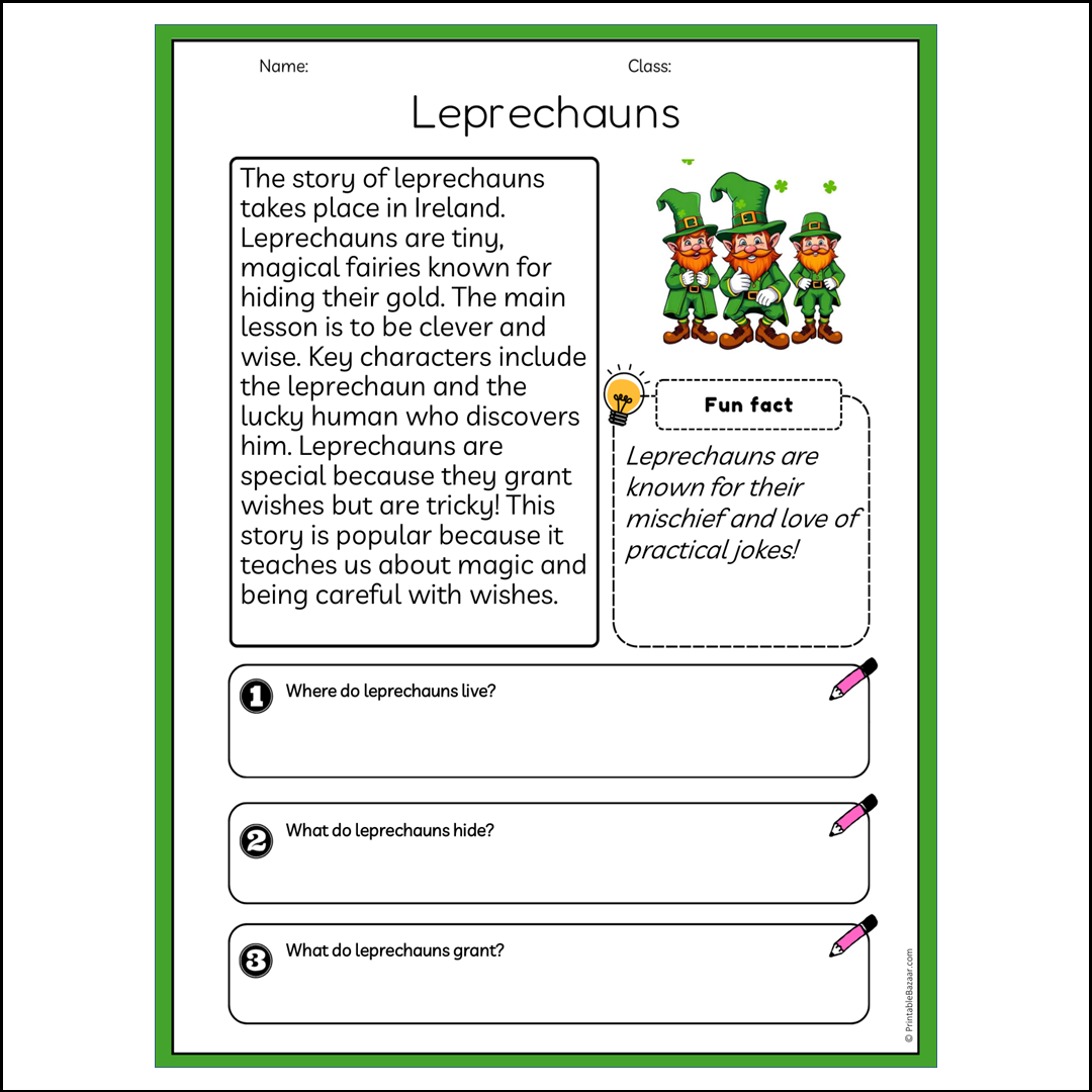 Leprechauns | Reading Passage Comprehension Questions Writing Facts Worksheet