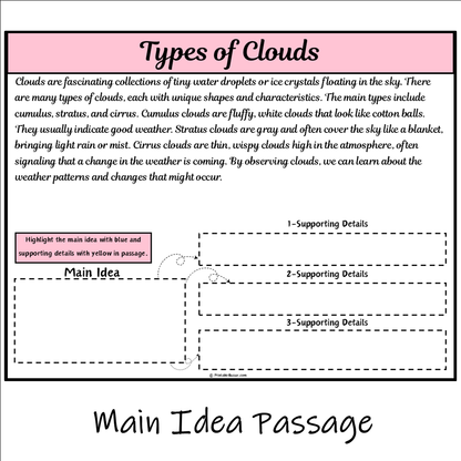 Types of Clouds | Main Idea and Supporting Details Reading Passage and Questions