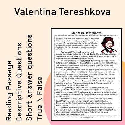 Valentina Tereshkova | Reading Comprehension Passage Printable Activity