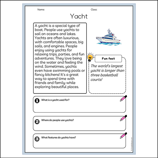 Yacht | Reading Passage Comprehension Questions Writing Facts Worksheet