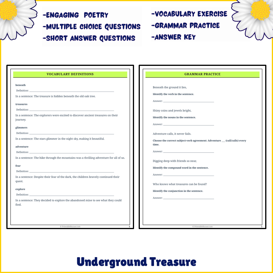 Underground Treasure | Poem Grammar Worksheet Printable Activity