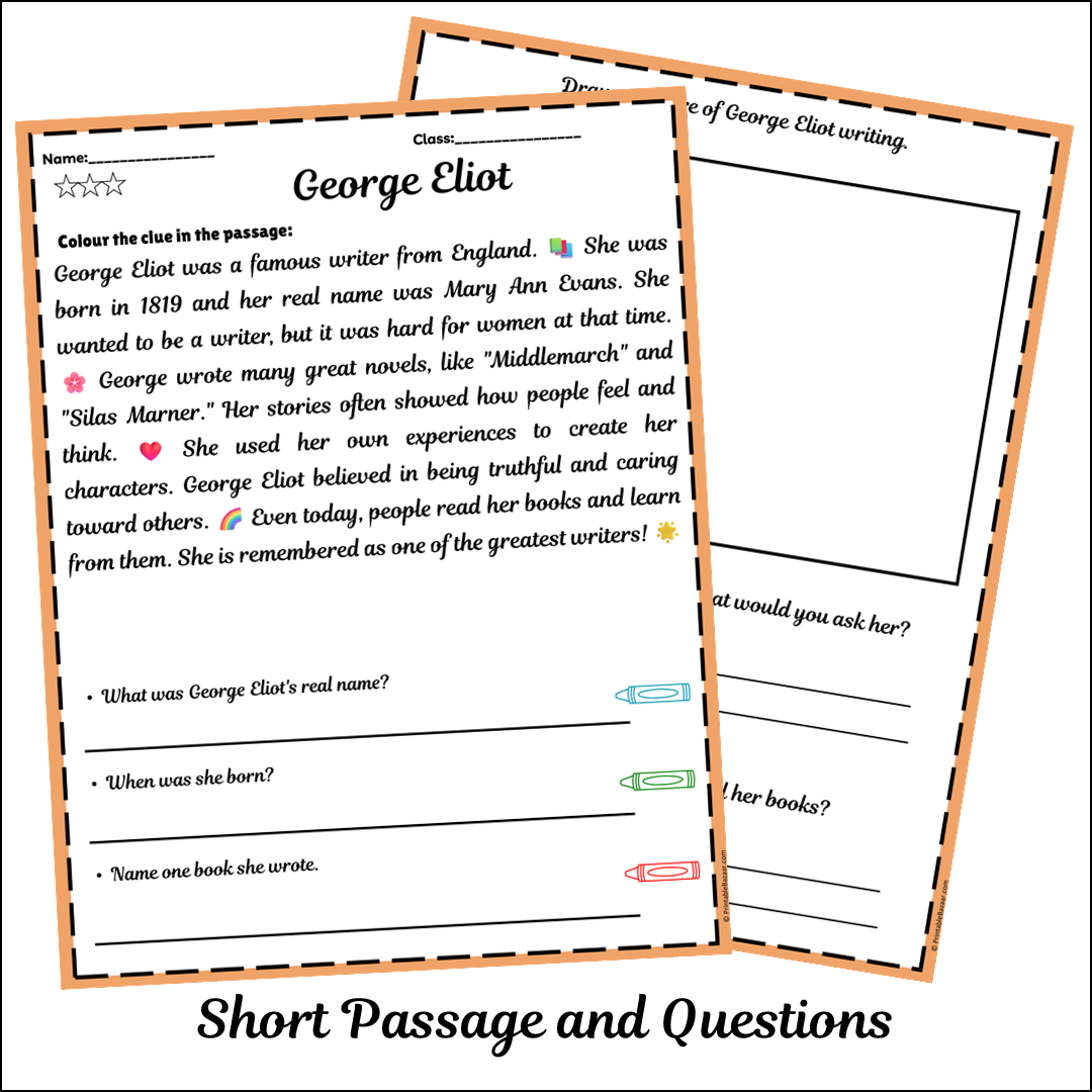 George Eliot | Short Reading Comprehension Creative Worksheet