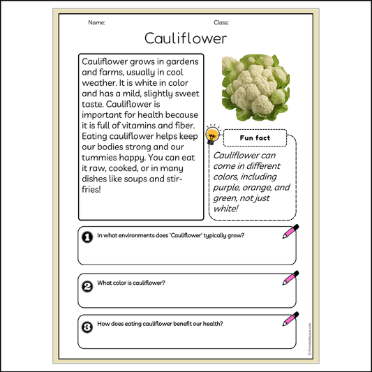 Cauliflower | Reading Passage Comprehension Questions Writing Facts Worksheet