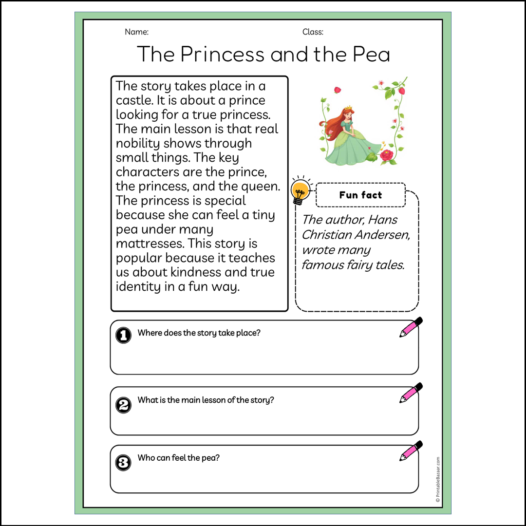 The Princess and the Pea | Reading Passage Comprehension Questions Writing Facts Worksheet