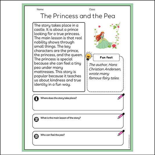 The Princess and the Pea | Reading Passage Comprehension Questions Writing Facts Worksheet