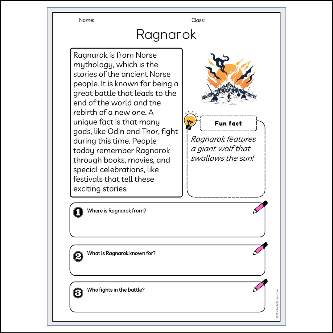 Ragnarok | Reading Passage Comprehension Questions Writing Facts Worksheet