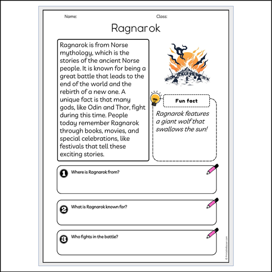 Ragnarok | Reading Passage Comprehension Questions Writing Facts Worksheet