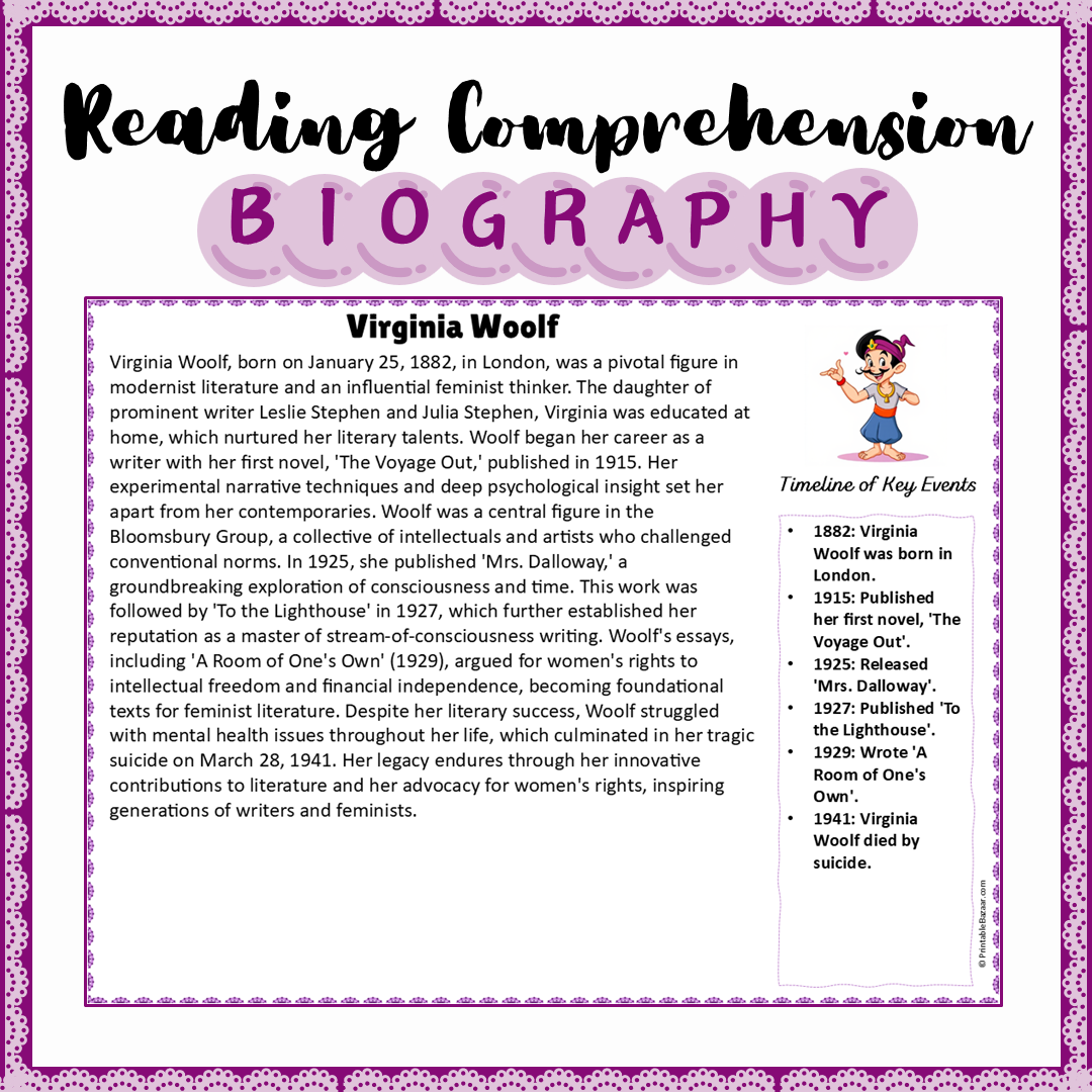 Virginia Woolf | Biography Reading Comprehension and Questions Worksheet