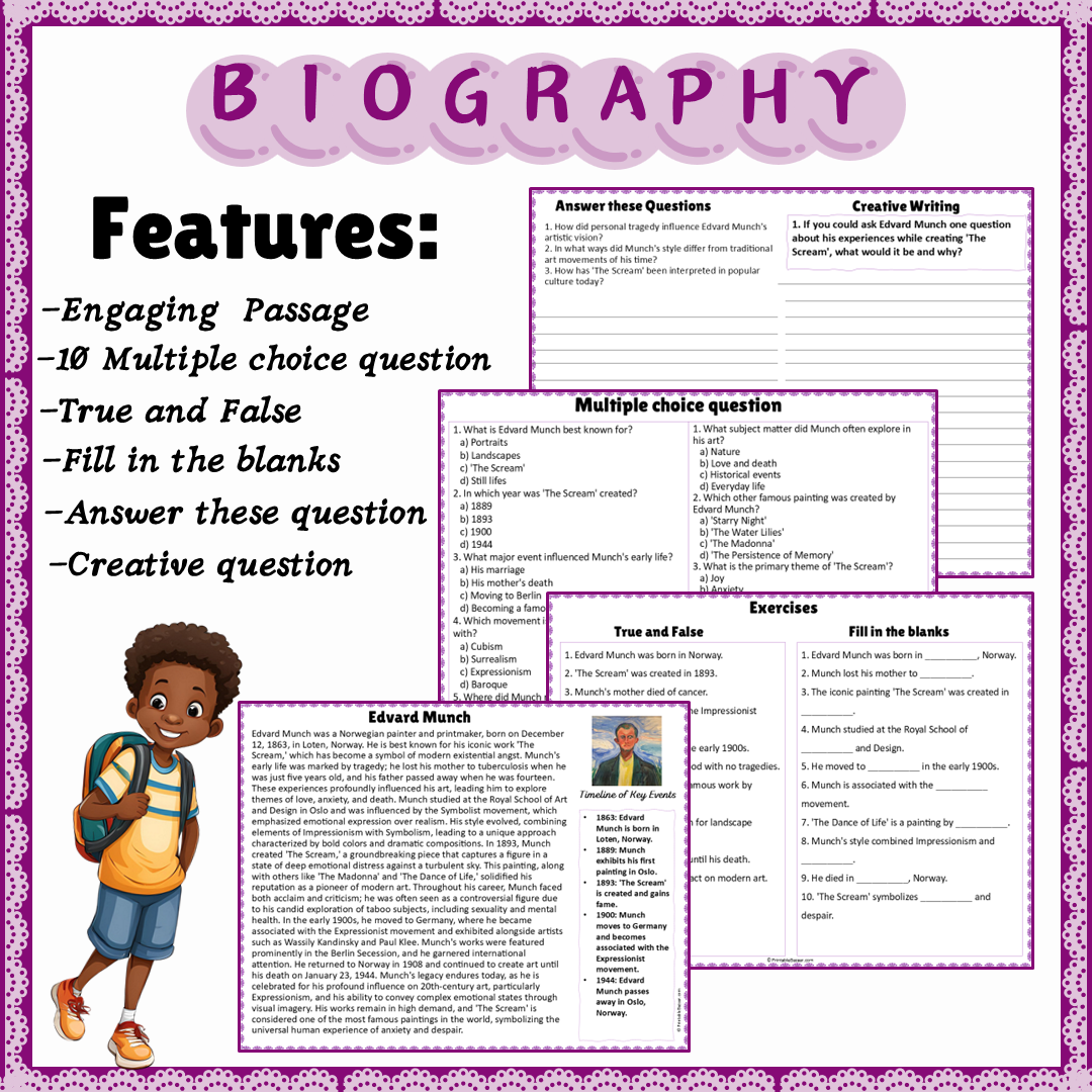 Edvard Munch | Biography Reading Comprehension and Questions Worksheet