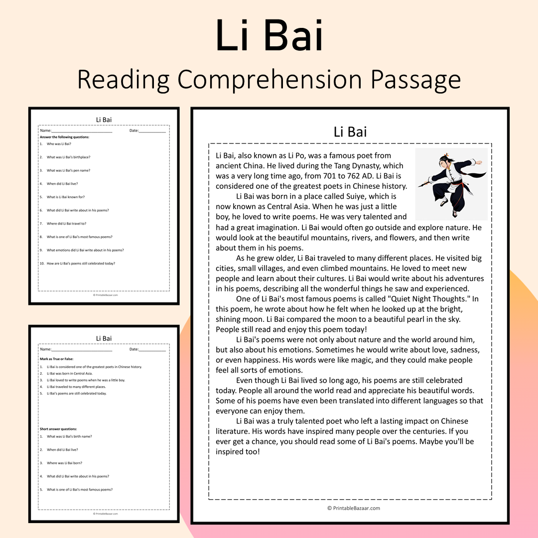 Li Bai | Reading Comprehension Passage Printable Activity