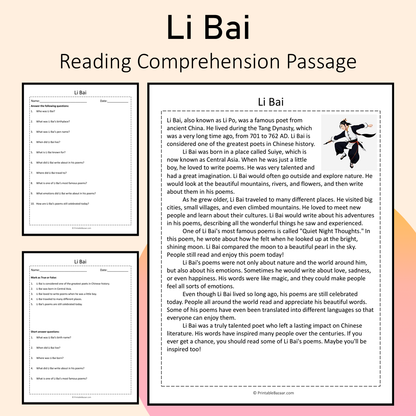 Li Bai | Reading Comprehension Passage Printable Activity