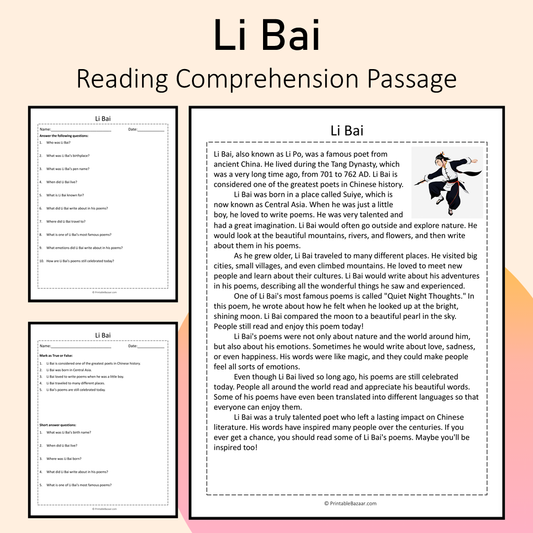 Li Bai | Reading Comprehension Passage Printable Activity