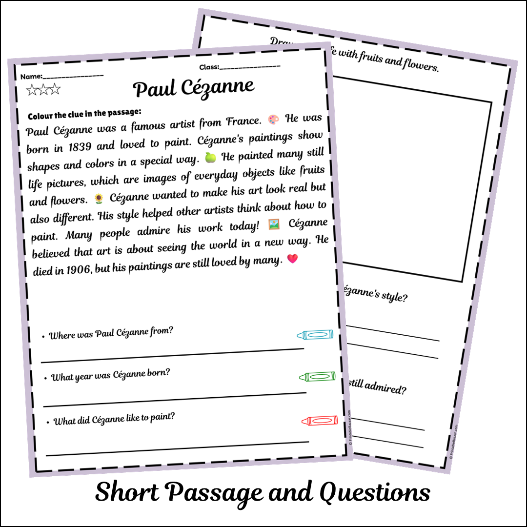 Paul Cézanne | Short Reading Comprehension Creative Worksheet