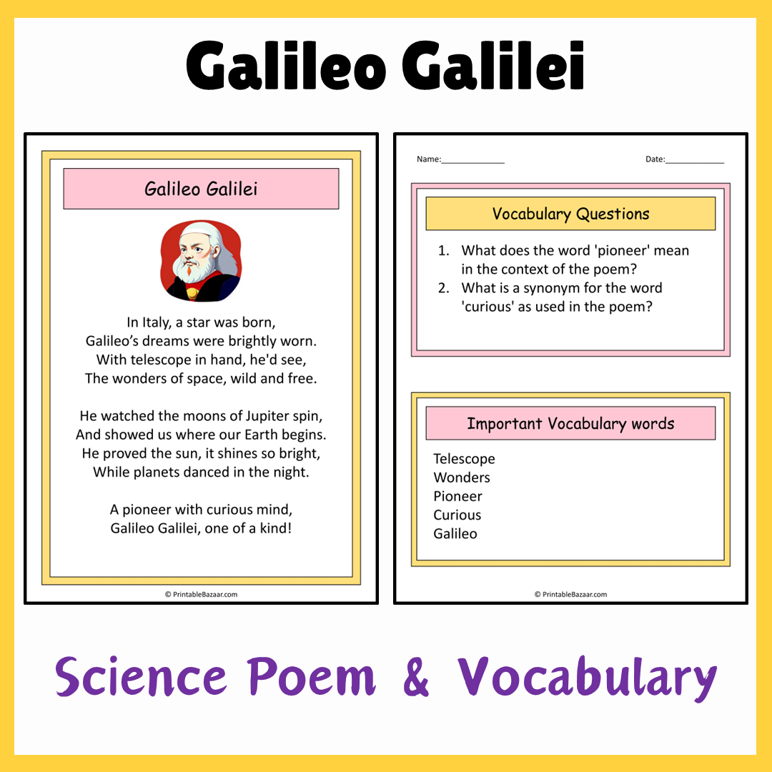 Galileo Galilei | Science Poem Reading Comprehension Activity