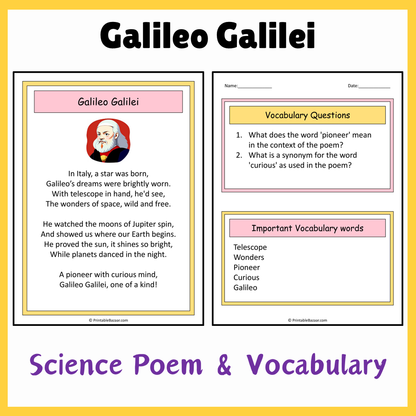 Galileo Galilei | Science Poem Reading Comprehension Activity