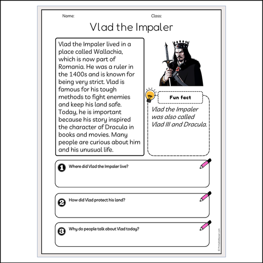 Vlad the Impaler | Reading Passage Comprehension Questions Writing Facts Worksheet