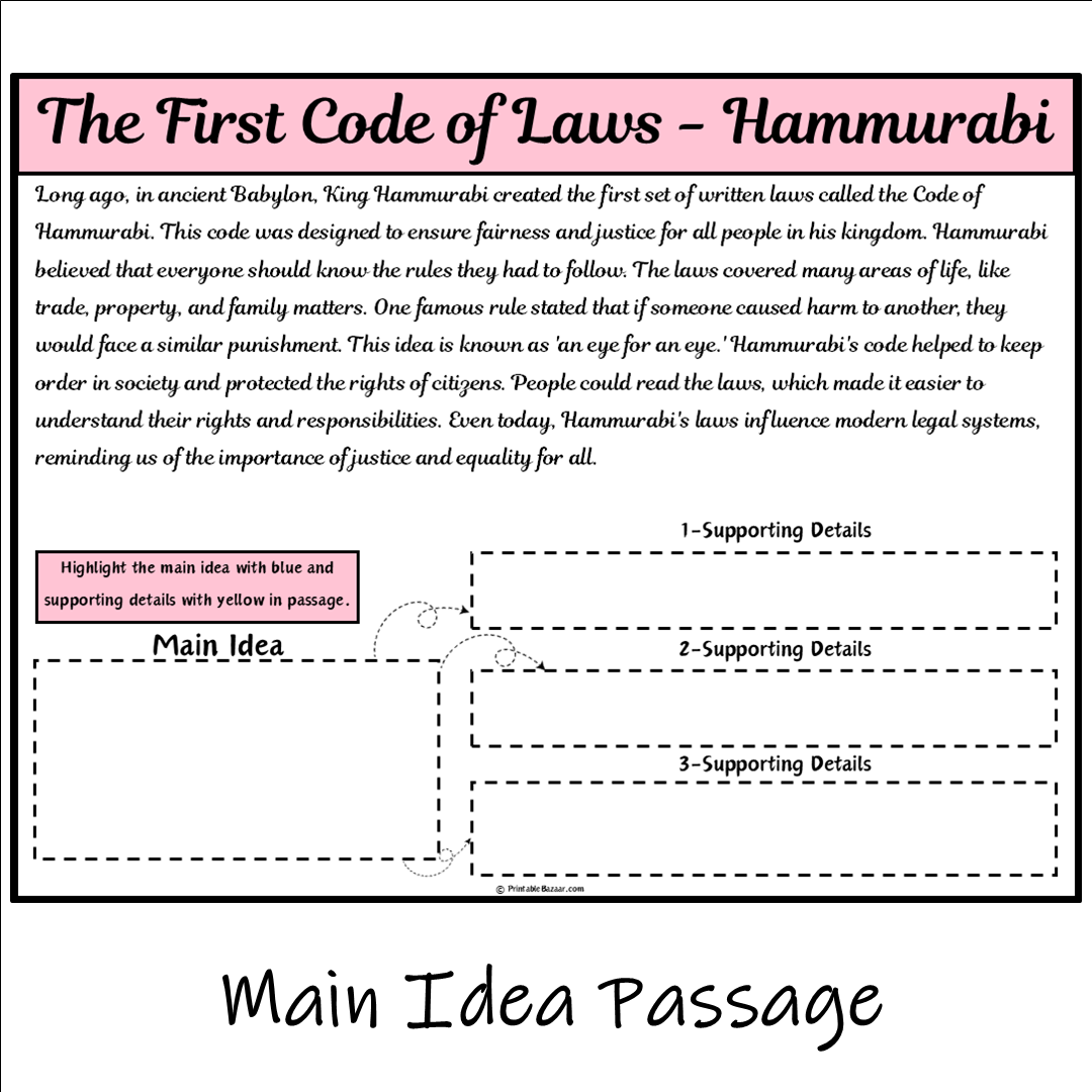 The First Code of Laws - Hammurabi | Main Idea and Supporting Details Reading Passage and Questions