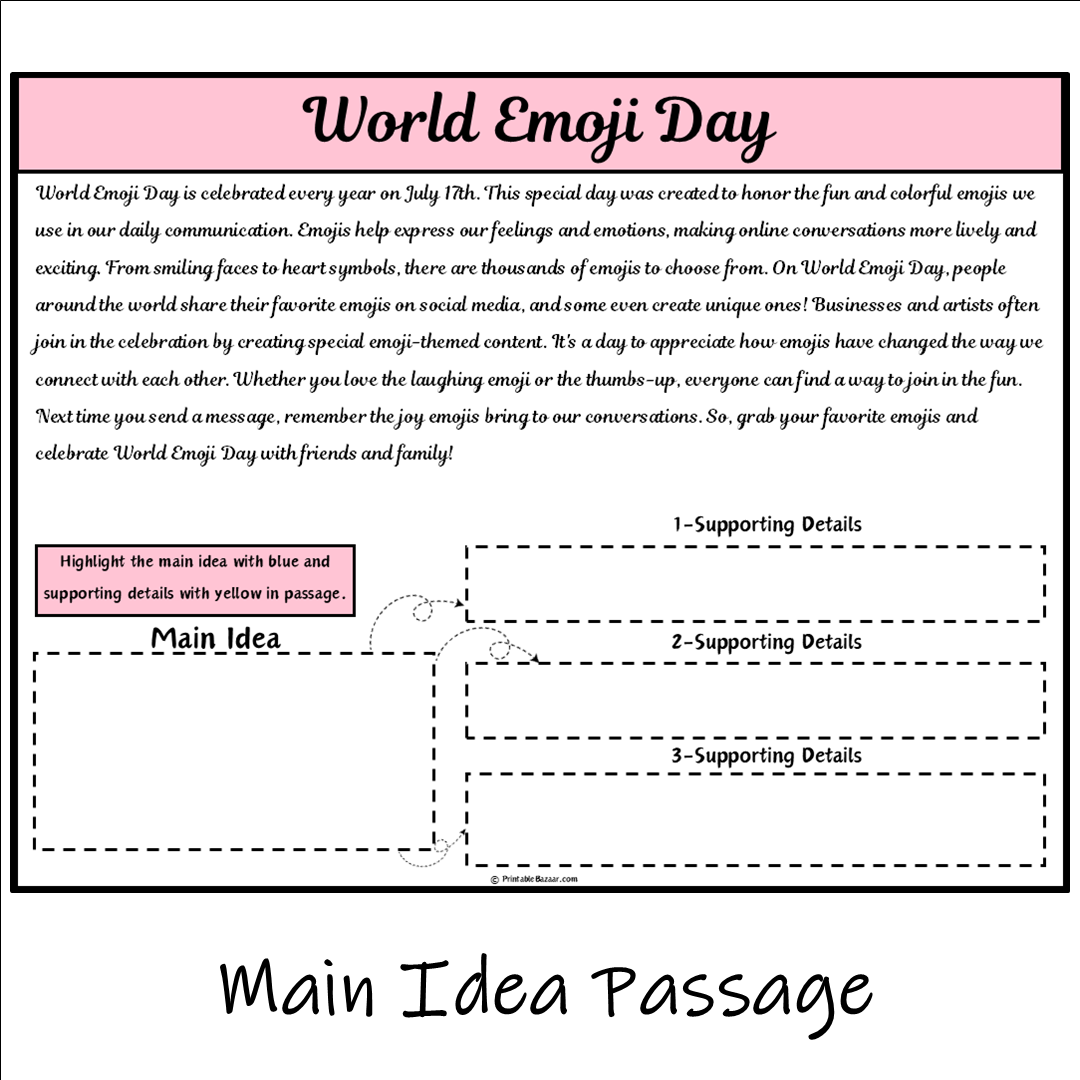 World Emoji Day | Main Idea and Supporting Details Reading Passage and Questions