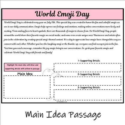 World Emoji Day | Main Idea and Supporting Details Reading Passage and Questions