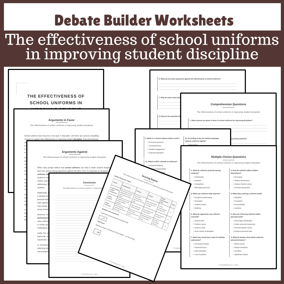 The effectiveness of school uniforms in improving student discipline | Favour and Against Worksheet Printable Activity