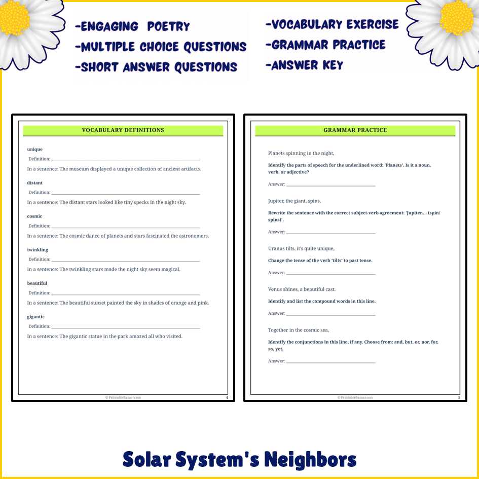 Solar System's Neighbors | Poem Grammar Worksheet Printable Activity