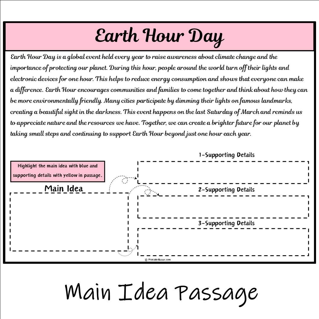 Earth Hour Day | Main Idea and Supporting Details Reading Passage and Questions